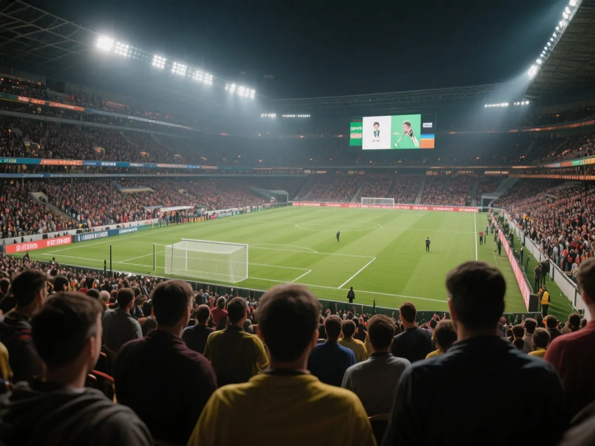 世界杯比赛现场氛围与大屏直播画面示意