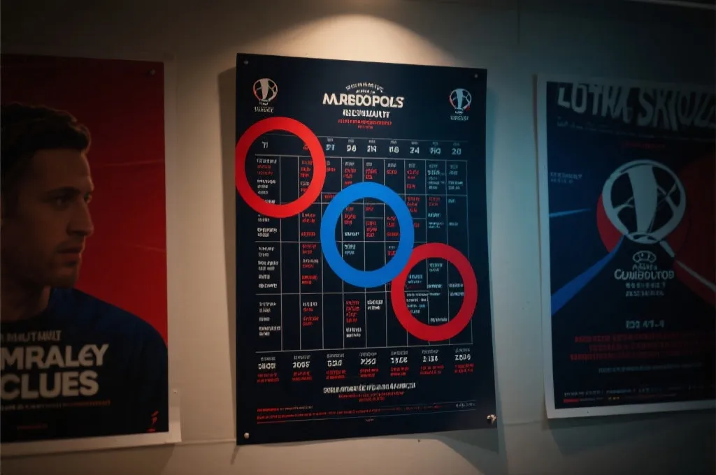 墙面海报式世界杯赛程图，使用不同颜色标记焦点战与时区换算