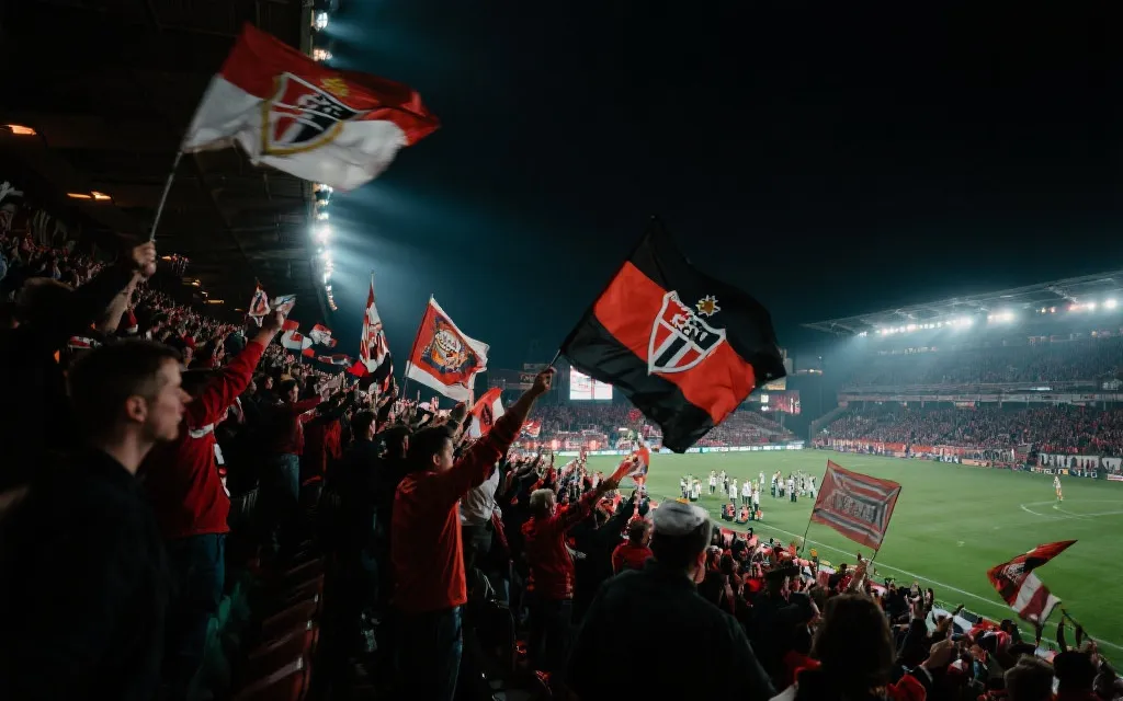 球场看台灯光下的喧闹人群与巨幅旗帜，营造强烈主场压迫感